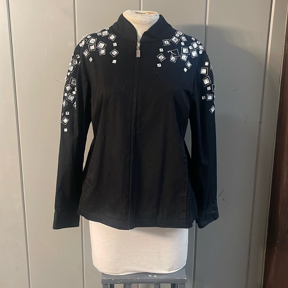 Bob Mackie Jacket Black Beaded Rhinestone  Vintage Mobwife Bold Glam Bling XL